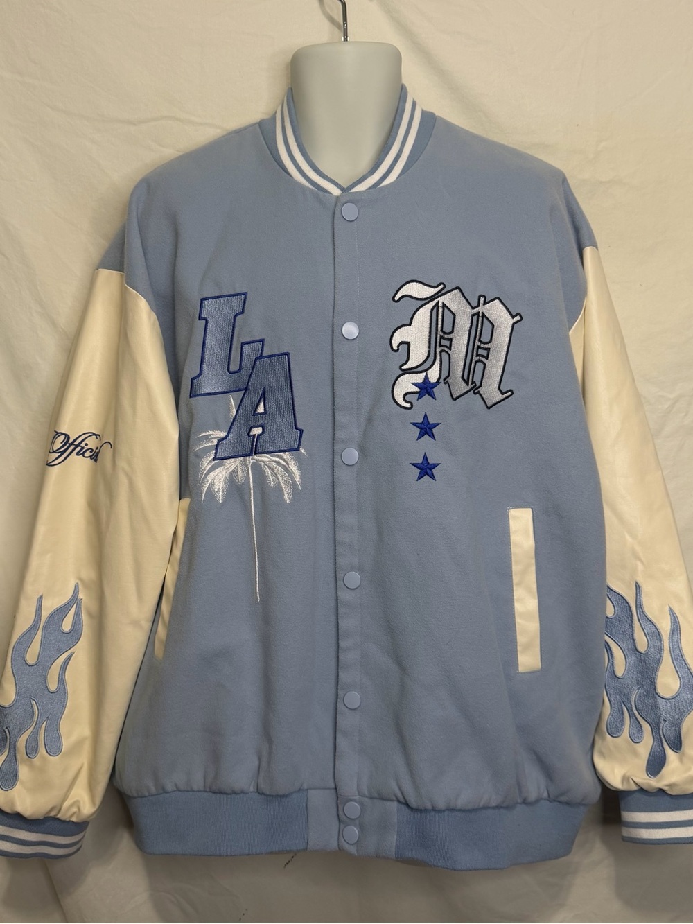 MAN Boohoo LA Badge Embroidered Varsity Bomber Jacket Light Blue/White Size L